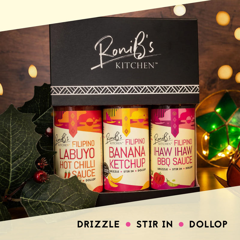 Tropical Sauces Gift Box from RoniB’s Kitchen 150ml - 3 x Filipino Style Vegan Sauces - Banana Ketchup, Ihaw Ihaw BBQ Sauce & Labuyo Hot Chilli Sauce - Gift Guide