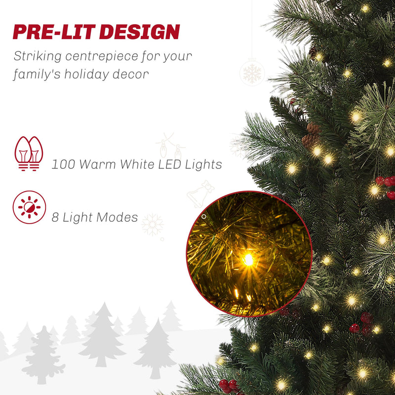 HOMCOM 1.2m/4ft Artificial Christmas Tree with 100 Warm White LED Lights and 8 Modes, Small Xmas Tree with Red Berries, Pine Cones and Retro Base, Green - Gift Guide
