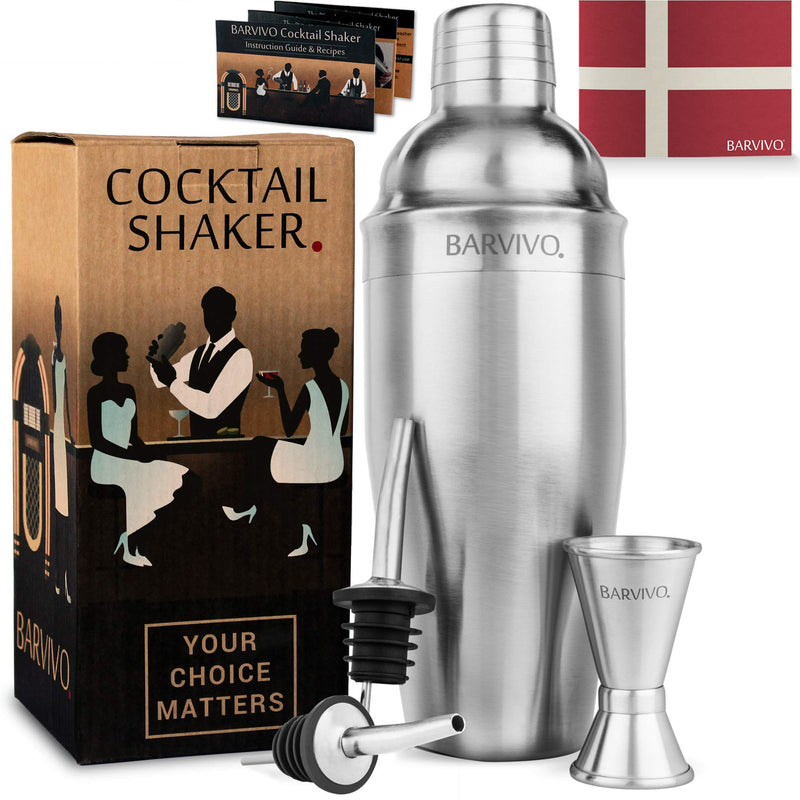 BARVIVO Professional Cocktail Shaker Set - Includes Double Jigger and Two Liquor Pourers - 700 ml Brushed Stainless Steel Martini Mixer for Margarita, Manhattan, and Other Drinks at Home - 9x9x24 cm