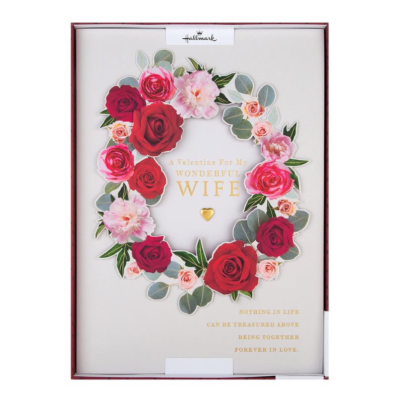 Hallmark Wife Valentines Card, Luxury Valentines Card, Traditional Floral Wreath Design, Boxed Valentines Day Card, White, Red