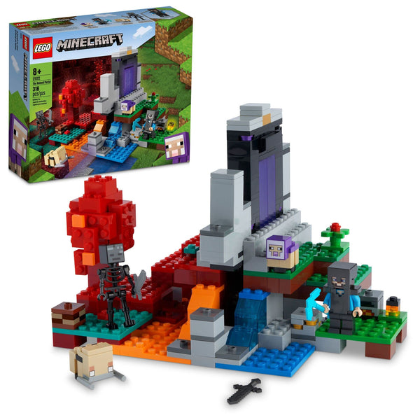 LEGO Minecraft The Ruined Portal 21172 Building Kit; Fun Minecraft Toy Kids Steve and a er Skeleton; New 2021 (316 Pcs), Multicolor