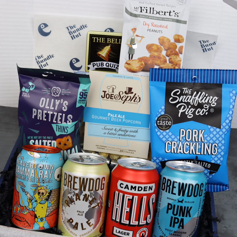 Craft Beer Gift Set Hamper for Men from The Bundle Hut: Pub in a Box Includes 4 Craft Beer Cans, Snacks and a Pub Quiz Game - Birthday Gift for Him, Beer Gift for Dad (Blue Box) - Gift Guide