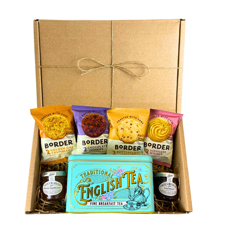 Tea Gift Set Hamper Biscuits and Tea Hamper Afternoon Including New English Teas Teabags, Strawberry Jam & Orange Marmalade With Luxury Snacks - Great British Gifts - Gift Guide