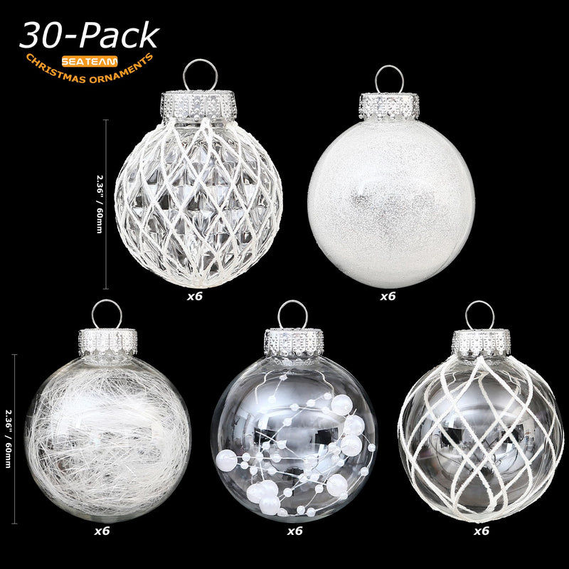 Sea Team 60mm/2.36" Shatterproof Clear Plastic Christmas Ball Ornaments Set with Glitter Painting, Transparent, See-Through, Crystal Baubles, Xmas Tree Decorations (30 Counts, White) - Gift Guide