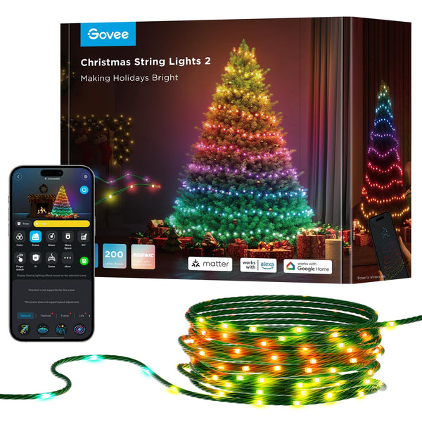 Govee Christmas String Lights, Halloween Decorations Indoor, 20M RGBWIC Lights with 200 LED Lights, Shape Mapping Technology, App Control with 130+ Dynamic Scene Modes, Sync with Music, Green Cables - Gift Guide