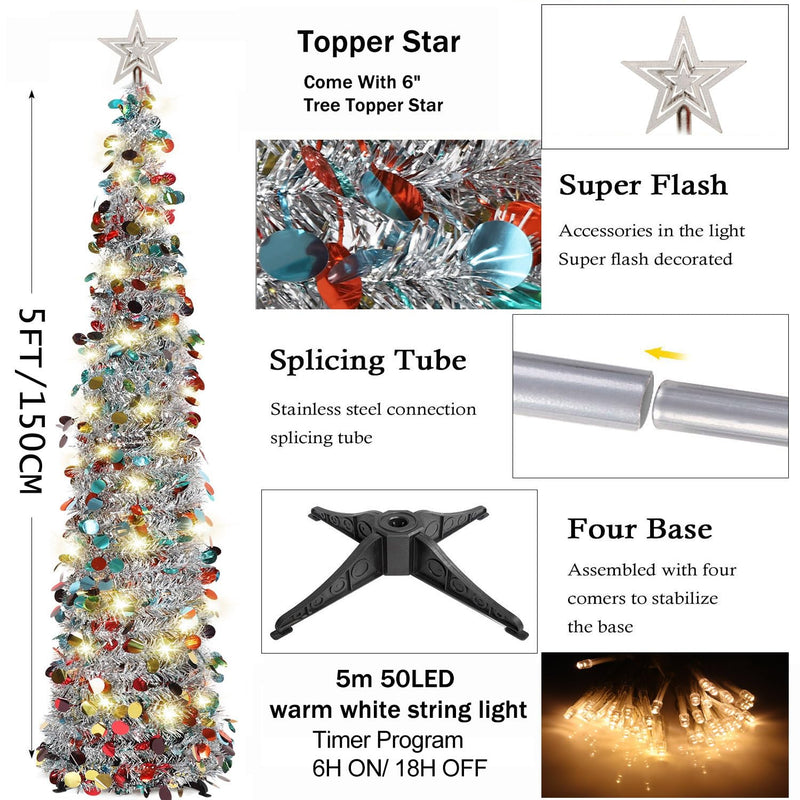 HMASYO 5FT Pop Up Christmas Tree with Timer 50 Lights, Tinsel Christmas Tree, Collapsible Artificial Pencil Tree Xmas Decoration for Indoor Home Apartment Porch Party, Easy Assembly - Gift Guide