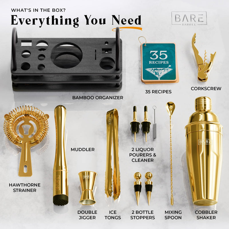 BARE BARREL® Cocktail Making Kit | 14-Piece Bartender Kit Cocktail Shaker Set Maker | Display Stand & 35 Recipe Cards | Mixology Cocktail Gift Set (675ml/24oz Cobbler Shaker, Yellow Gold/Black)