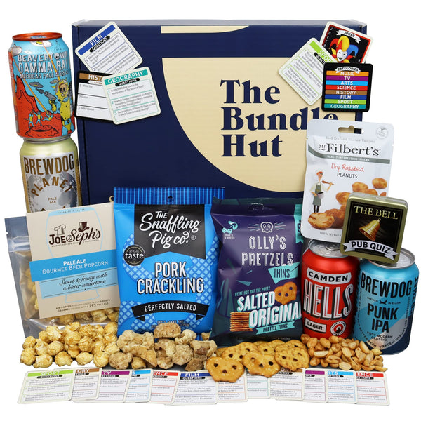 Craft Beer Gift Set Hamper for Men from The Bundle Hut: Pub in a Box Includes 4 Craft Beer Cans, Snacks and a Pub Quiz Game - Birthday Gift for Him, Beer Gift for Dad (Blue Box) - Gift Guide