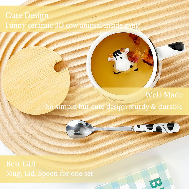 Gifts for Women Cute Cow Coffee Mug Tea Cup with Spoon Lid,Kawaii Stuff Funny Cool Mugs Valentine's Mother's Day Halloween Xmas Gifts for Her Wife Mum Grandma Boyfriend Girl Teacher Friend,Birthday