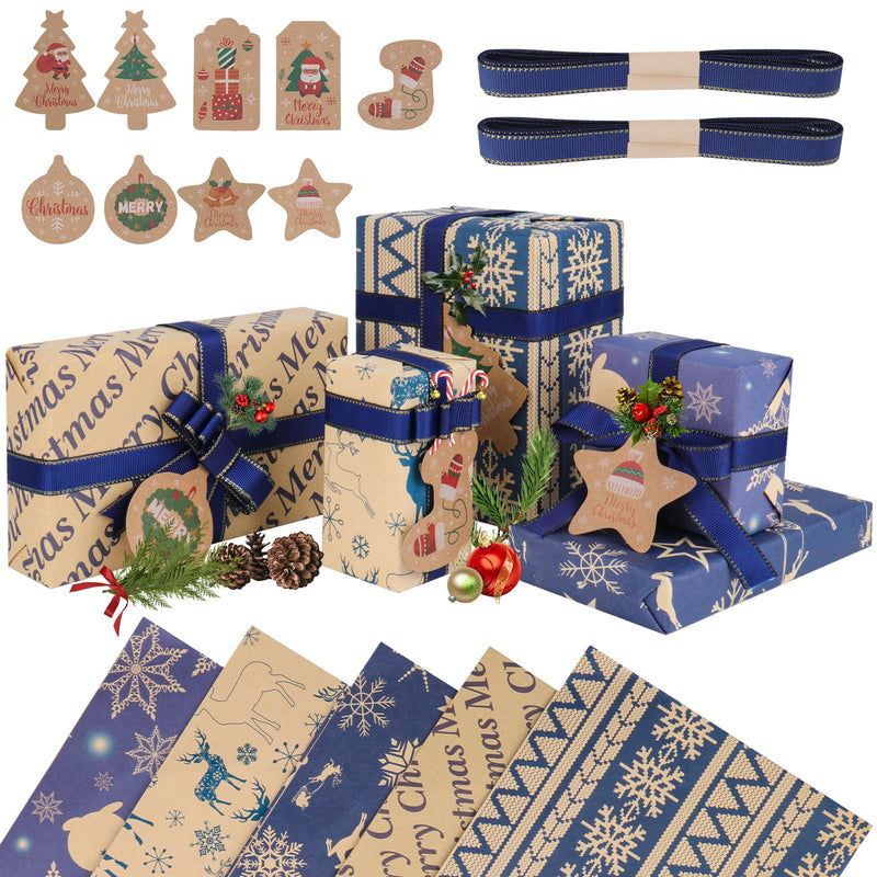 GAOHUI Christmas Wrapping Paper and Tags, 5pcs Navy Blue Kraft Xmas Wrapping Paper Sheets, Recyclable Gift Wrap 76 X 50cm with 5 Vintage Designs - Gift Guide