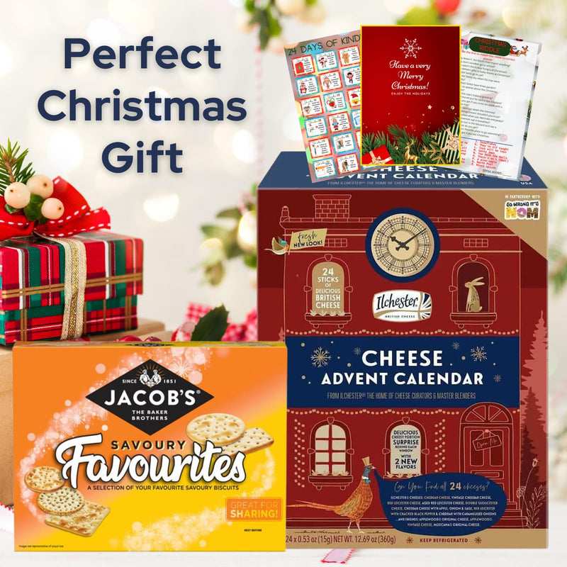 Ilchester Cheese Advent Calendar 2024 and Jacobs Biscuits Selection 300g - World's First Cheese Advent Calendar, 24 Individually Wrapped Cheese Selection - Mens Advent Calendar 2024, Christmas Hamper - Gift Guide
