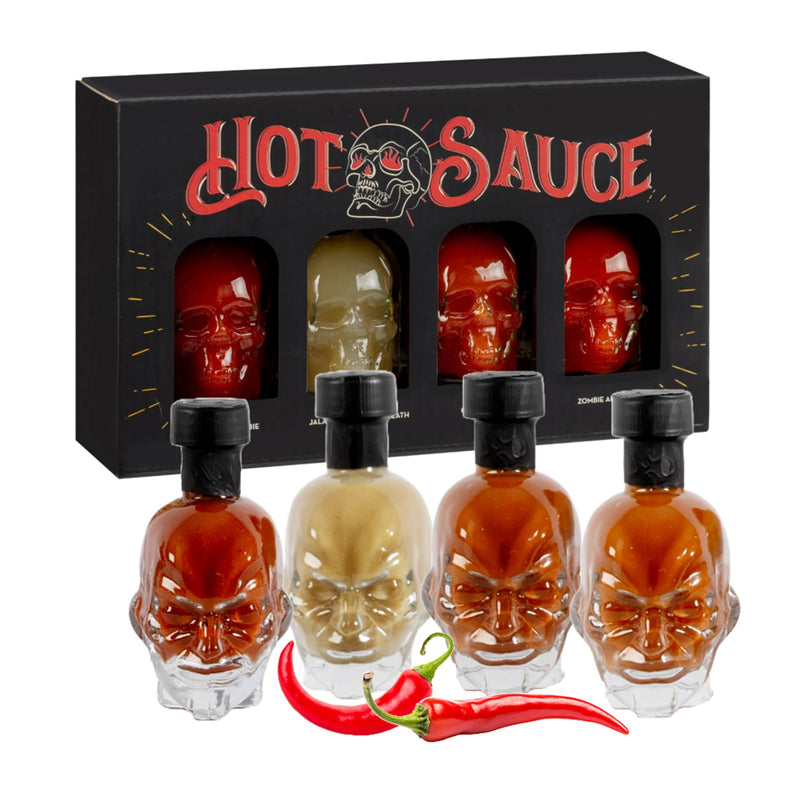 Hot Sauce Gift Set for Mens Gifts - Chilli Skull Spicy Sauce Heat Pack of 4 Different Flavour Sauce Bottle Gift with Topline Card. Christmas Gifts for Men, Stocking Fillers, Birthday Gifts for Women - Gift Guide