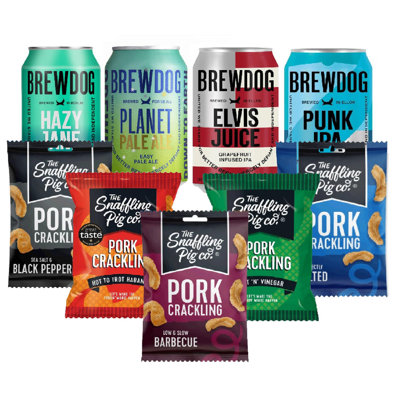 Crackling & Craft Beer Gift Set - Includes 4 different Flavoured Beers 330ml & Snaffling Pig Pork Cracklings. This Beer & Pub Snack Hamper Great Birthday Gifts for Men, Fathers Day - Gift Guide