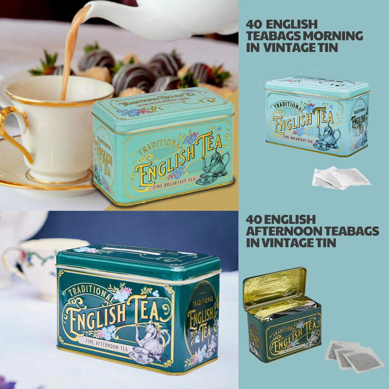 Afternoon Tea & Biscuits Hamper With 8 Border Biscuits & 80 English Teabags (Breakfast & Afternoon) Vintage Tins - Gift Guide