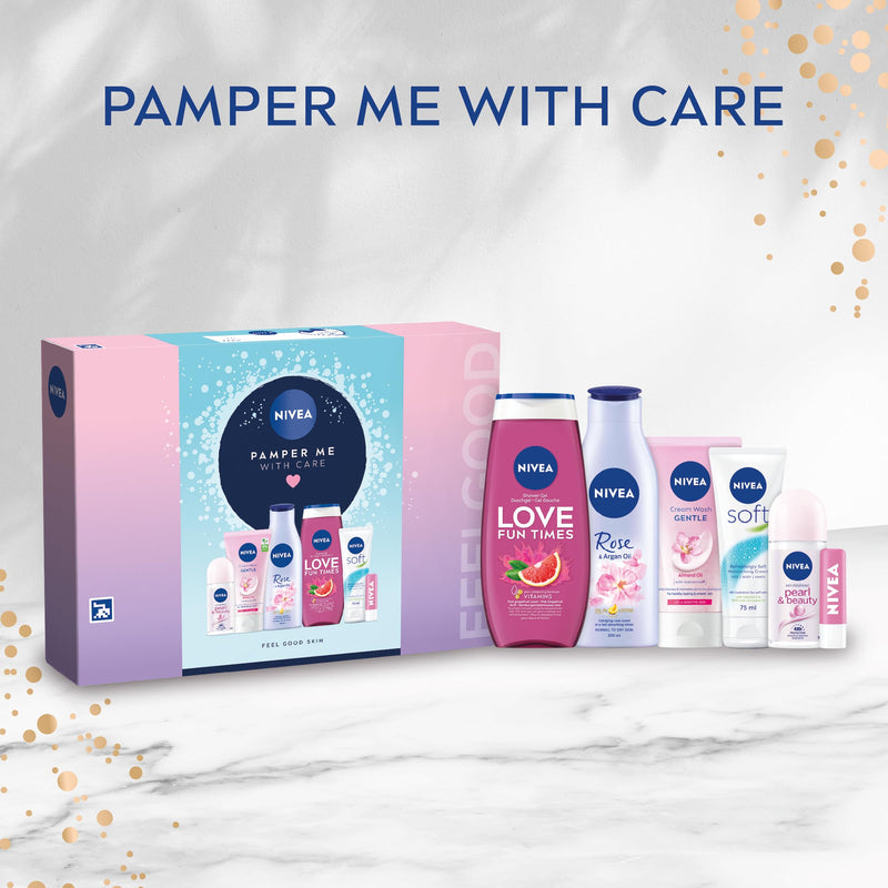 NIVEA Pamper Me With Care Gift Set (6 Products), Women's Gift Set with Shower Gel, Moisturising Cream, Body Lotion, Lip Balm, Anti-Perspirant Roll-On, and Cream Wash