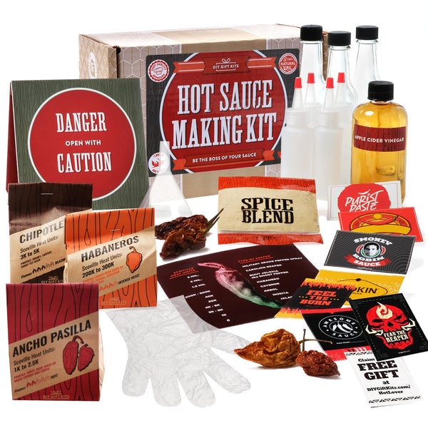 DIY Gift Kits Hot Sauce Making Kit, 26 Piece Set, Gourmet Spicy Gift Set For Men, Featuring 5th Generation Heirloom Peppers & Spice Blends, Natural & GMO Free, Recipe Book, Storing Bottles - Gift Guide