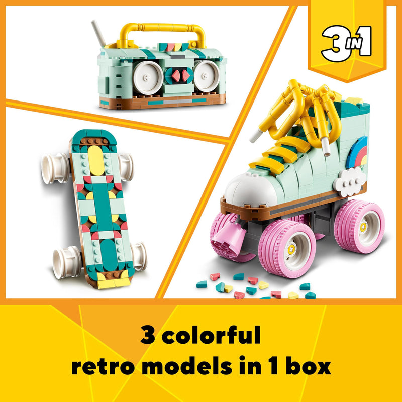 LEGO Creator 3in1 Retro Roller Skate to Mini Skateboard Toy to Boom Box Radio, Set for 8 Plus Year Old Girls, Boys & Kids, Great Desk Decoration or Bedroom Accessories, Gifts for Music Lovers 31148