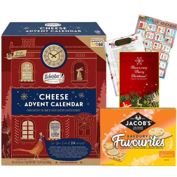 Ilchester Cheese Advent Calendar 2024 and Jacobs Biscuits Selection 300g - World's First Cheese Advent Calendar, 24 Individually Wrapped Cheese Selection - Mens Advent Calendar 2024, Christmas Hamper - Gift Guide