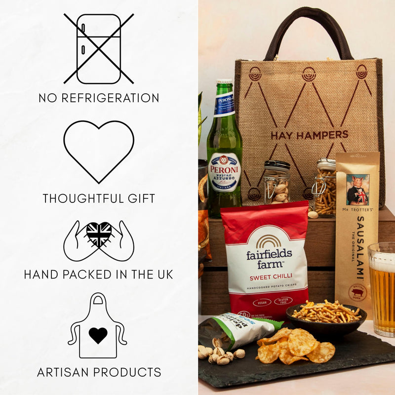 Beer and Pub Snacks Hamper - Gift Hamper with Peroni Lager, Crisps, Pork Scratchings, Pistachio Nuts, Sausalami, Spicy Snacks - Gift for Dad, Best Dad Hamper, Beer Hamper for Men - Gift Guide