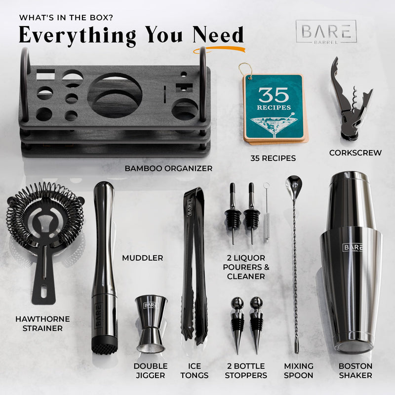 BARE BARREL® Cocktail Making Kit | 14-Piece Bartender Kit Cocktail Shaker Set Maker | Display Stand & 35 Recipe Cards | Mixology Cocktail Gift Set (800ml/28oz Boston Shaker, Jet Black/Black)