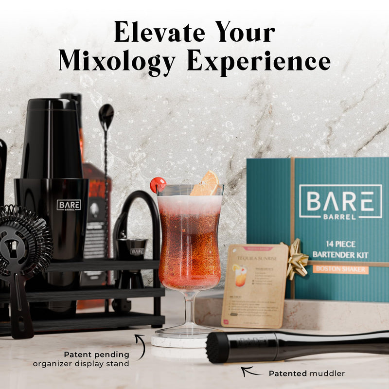 BARE BARREL® Cocktail Making Kit | 14-Piece Bartender Kit Cocktail Shaker Set Maker | Display Stand & 35 Recipe Cards | Mixology Cocktail Gift Set (800ml/28oz Boston Shaker, Jet Black/Black)