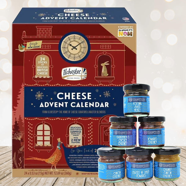 TOPLINE Cheese & Chutney Christmas Hamper Set - Ilchester 24 Days Cheese Advent Calendar 2023 & Hampton Selection of 6 Different Chutneys with Topline Card. Xmas Secret Santa Gifts for Him or for Her - Gift Guide