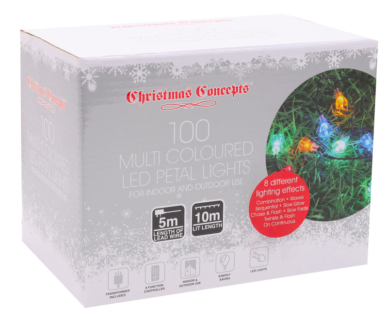 Christmas Concepts® 100 10m/33ft Retro Multi Coloured LED Petal Lights with 8 Function Controller – Indoor/Outdoor – Energy Efficient A++ - Christmas Lights - Gift Guide