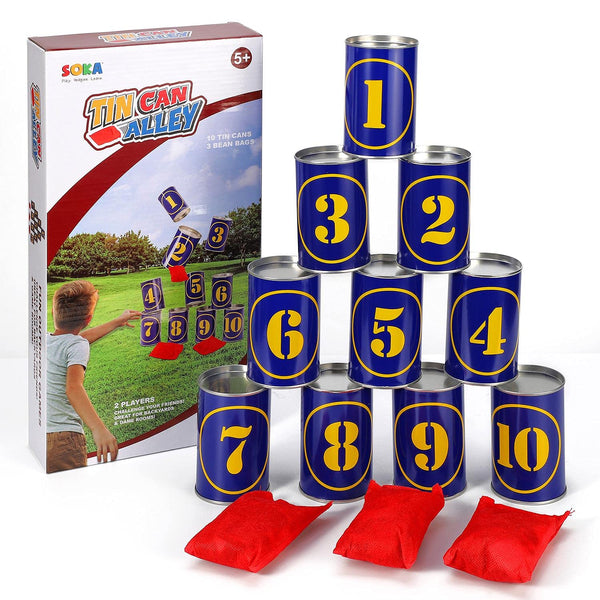 SOKA Tin Can Alley Game 10 Metal Tins & 3 Bean Bags – Indoor Outdoor Party Garden Games Activities for Kids & Adults – Birthday Christmas Easter Family Fun Games Children Boys Girls Gift - Gift Guide