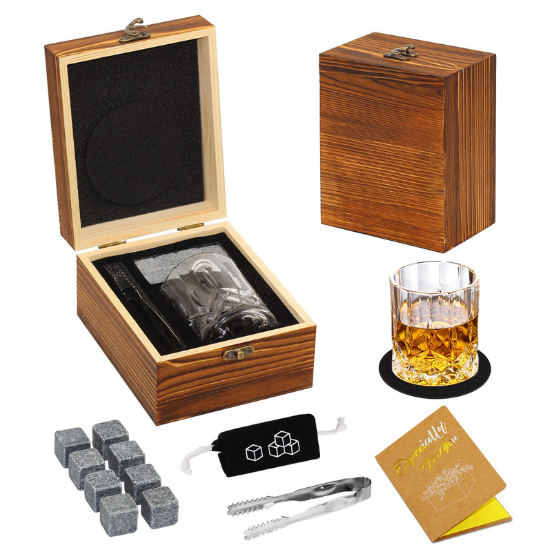 Whiskey Stones and Glass Gift Set for Men, KAQ 8 Natural Whisky Stones 1 Crystal Whisky Glass with 1 Blessing Card in an Vintage Wooden Box, Present for Him/Dad/Husband/Men - Gift Guide