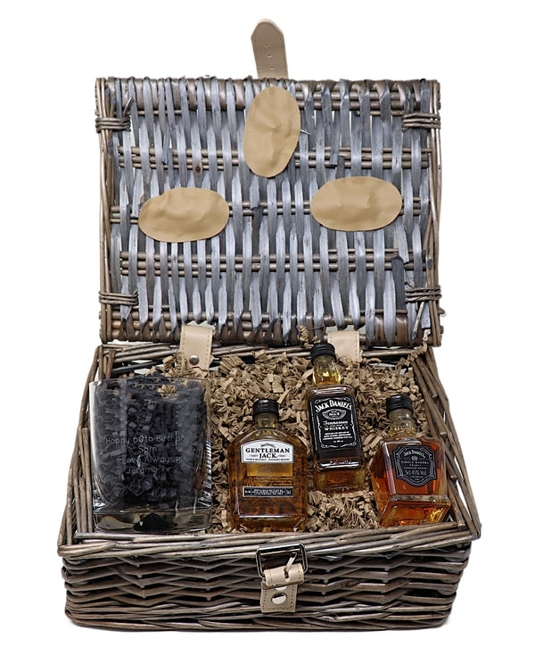 Personalised JD Premium Alcohol Gift Hamper Basket with Engraved Glass Gift Set For Dad & Grandad on his Birthday & Christmas | 40th Birthday Gift | 40% vol