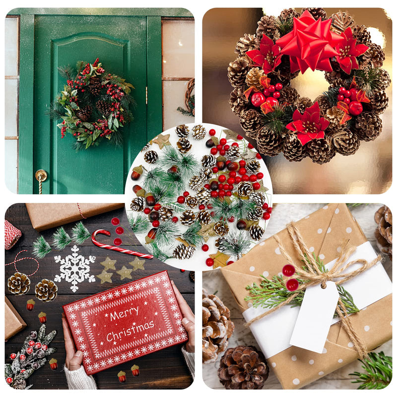 TSLBW 108 Pieces Christmas Wreath Making Decorations Natural Pine Cone Red Holly Berries Pine Needles Branches Fake Acorns DIY Xmas Wreath Making Supplies Christmas Tree Ornament - Gift Guide