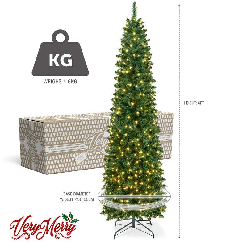 VeryMerry 6FT Pre Lit Christmas Tree Aspen Slim Pencil Tree with 300 Built-In Warm White LED Lights with Auto-Off Timer, 8 Lighting Modes and Foldable Metal Stand - Gift Guide