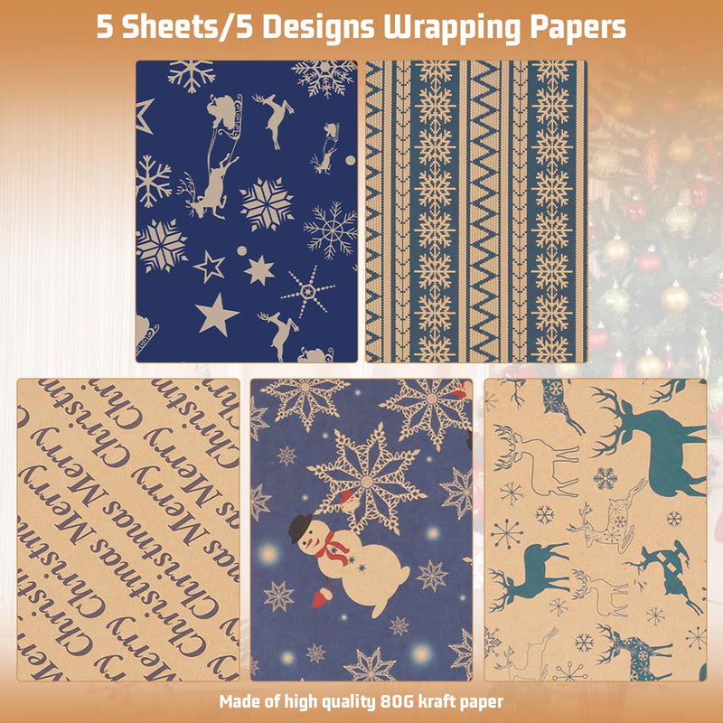 GAOHUI Christmas Wrapping Paper and Tags, 5pcs Navy Blue Kraft Xmas Wrapping Paper Sheets, Recyclable Gift Wrap 76 X 50cm with 5 Vintage Designs - Gift Guide