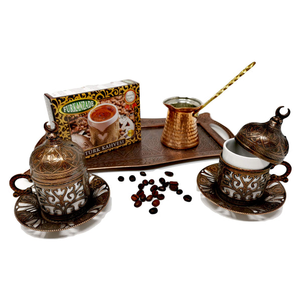 Turkish medium roast Coffee Gift Set for Two with Ground Coffee Perfect Starter Kit Ottoman Style Arabic Kahwa Pot (Copper) - Gift Guide