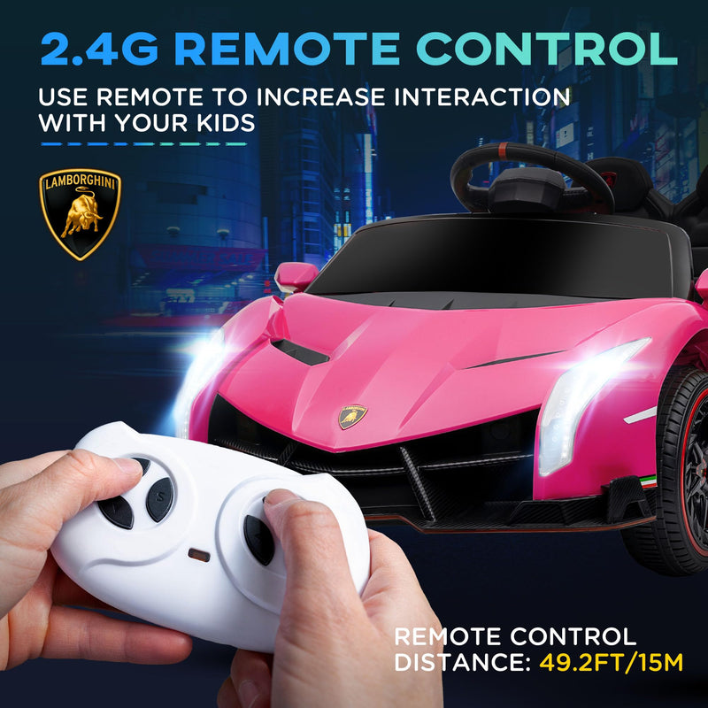 HOMCOM Lamborghini Veneno Licensed 12V Kids Electric Ride On Car with Butterfly Doors, Powered Electric Car with Remote, Music, Horn, Suspension for Ages 3-6 Years - Pink