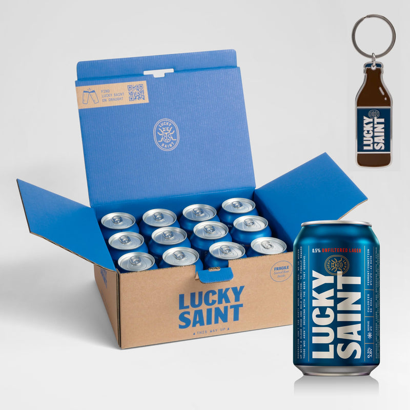 LUCKY SAINT Alcohol Free Beer - Unfiltered Lager, Case of 12 x 330ml, 0.5% Cans with Keyring | Vegan, 53 Calories Per Lager | 4 Ingredients: Pilsner Malt, Hallertau Hops, Water & Yeast