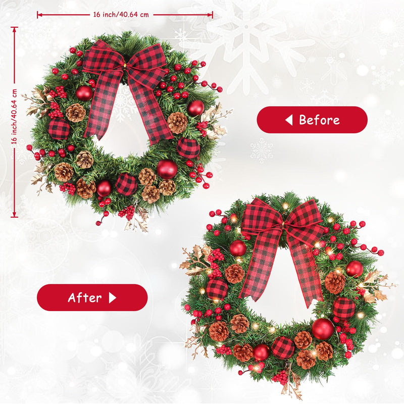 Pre-lit Christmas Wreath,40CM/15.8 IN Pre Lit Artificial Christmas Décor Wreath with Lights,Bow,Indoor Outdoor Holiday Party Decorations for Front Door Wall (B) - Gift Guide