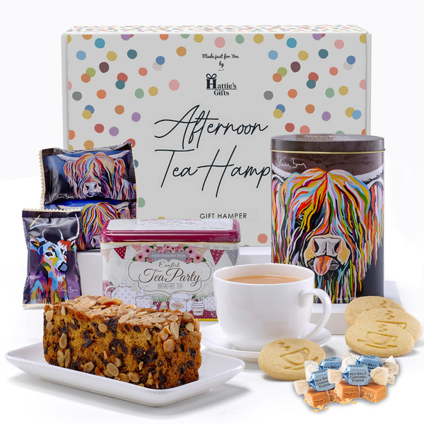 Hampers & Gourmet Gifts for Elderly Women, Couples, Friends by Hattie's Gifts - Afternoon Tea Hamper with Salted Caramel Fudge in Steven Brown Art Tin, Biscuits & Dundee Cake - Gift Guide