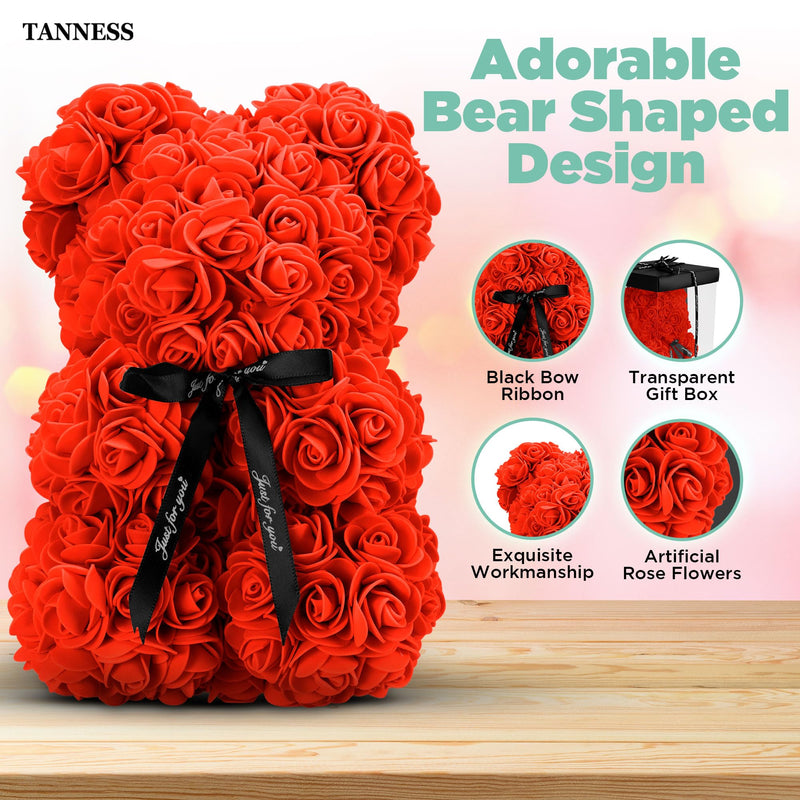 Tanness 25cm Rose Bear with Transparent Gift Box & Black Ribbon | Rose Petals Teddy Bear Presents for Women | Artificial Flowers Rose Bear Valentine Gifts, Gifts for Women (Red)