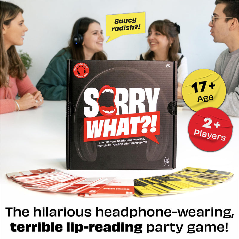 Sorry What - Hilarious Terrible Lip Reading Adult Party Game - Based On The Headphone Challenge TikTok Trend - 2+ Players 40,000 Funny Word Phrase Combinations - Card Game for Adults, Birthday Gifts