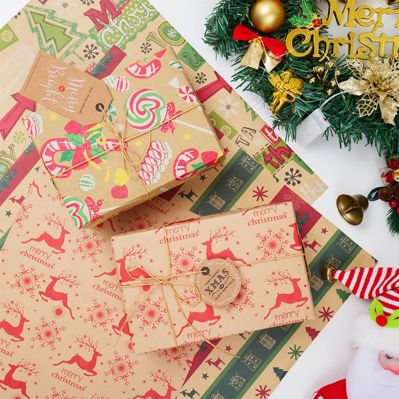 Niviy Christmas Wrapping Paper Sheets 70x50cm Printed with Santa Claus, Christmas Tree and Elk, Recyclable Xmas Wrap Paper for Wrapping Gift with Hang Tag, Double-Sided Ribbon and Twine Pack of 6 - Gift Guide