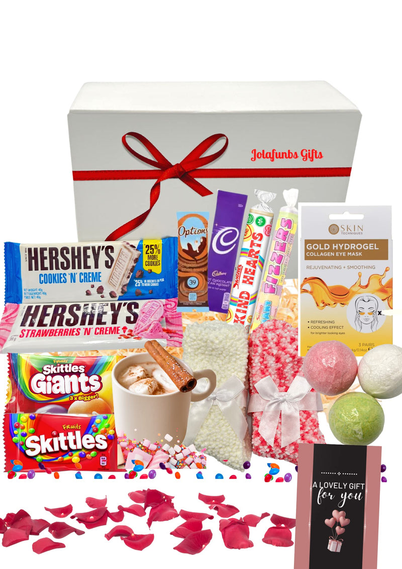 Pamper Set and Treats Gift Box Hamper With Bath Bombs, Cozy Bamboo Socks, gold collagen eye mask, Hot Chocolate, Hersheys chocolate, Skittles sweets, swizzle, Hamper Boxes Birthday, Valentine