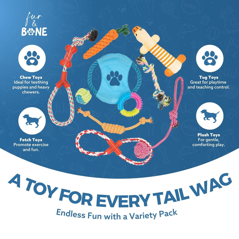Fur & Bone 10 Pack Dog Chew Toys | Puppy Toys Dog Toys for Boredom | Indestructible Dog Toys with Rope Toys, Squeaky Toy | Dog Toy, Dog Teething Toys for Small & Medium Dogs | Dog - Gift Guide