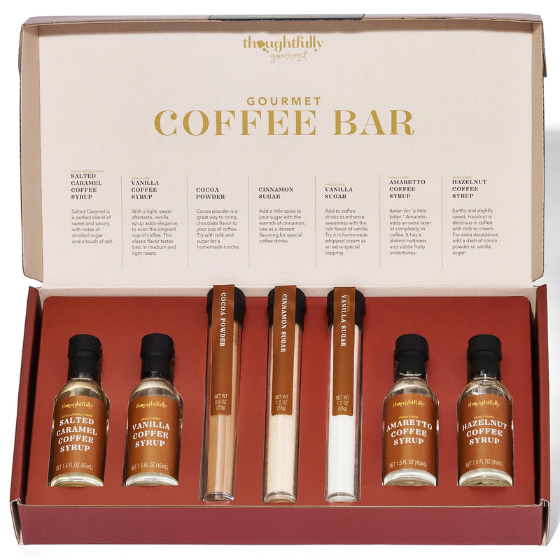 Thoughtfully Gourmet, Coffee Bar Gift Set, Includes 4 Delicious Coffee Syrups, 2 Flavored Sugars and 1 Cocoa Powder to Elevate Your Coffee - Gift Guide