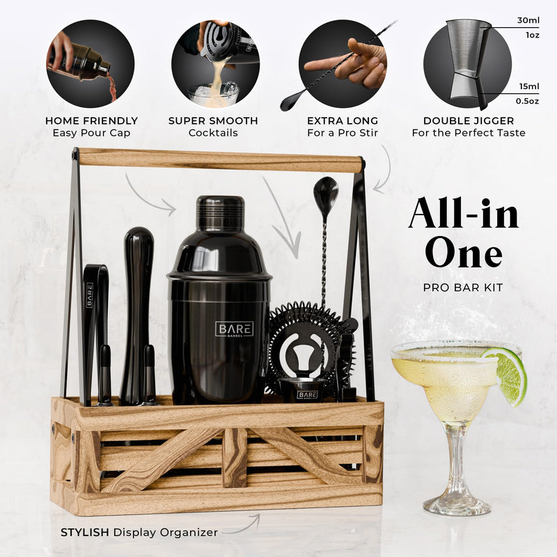 BARE BARREL® Martini Cocktail Making Kit | Bartender Kit Cocktail Shaker Set Maker | Farmhouse Rustic Portable Caddy & 35 Recipe Cards | Mixology Cocktail Gift Set (Black.)