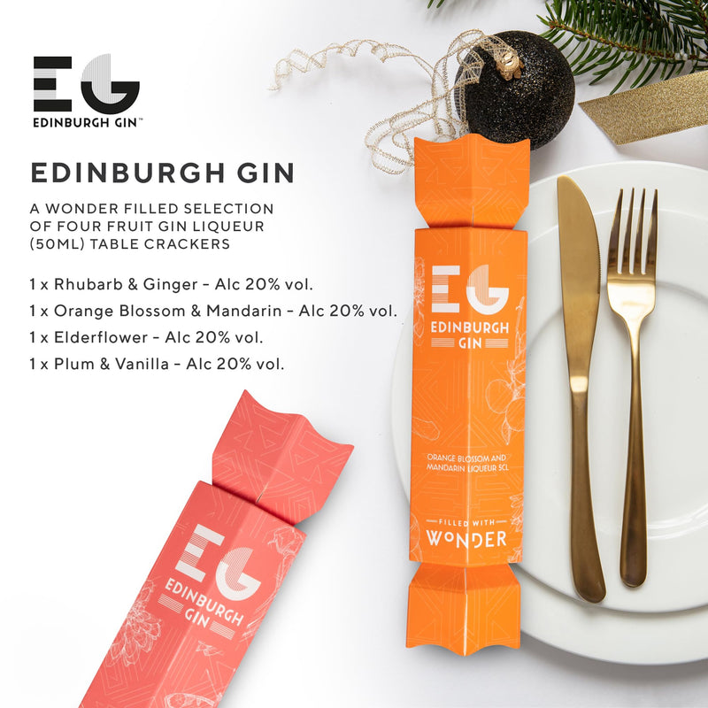 Gin Crackers by Edinburgh Gin - Christmas Gin Alcohol Crackers, Luxury Flavoured Gin 4x 5cl, 20% ABV Orange Blossom, Elderflower, Plum & Vanilla, Rhubarb and Ginger Gin Liqueur - Mini Cracker Gin Gift