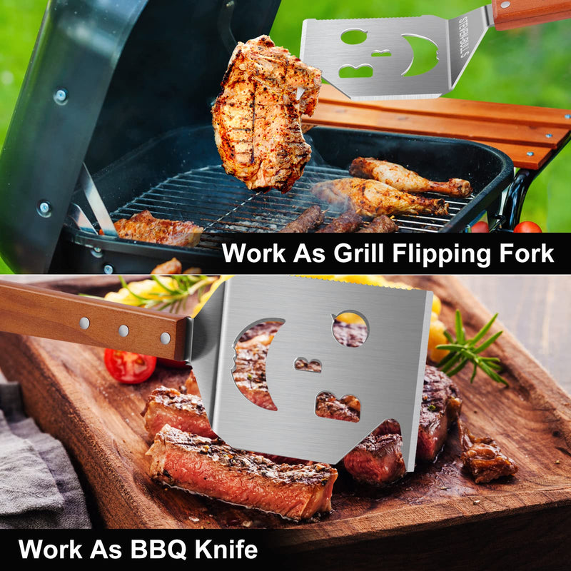 7 in 1 BBQ Spatula for Outdoor Grill, Multifunction BBQ Tool Have a Barbecue Utensils Set Function, More Fun, More Efficient.Stainless Steel BBQ Accessories, Wooden Handle, Best BBQ Gifts for Men