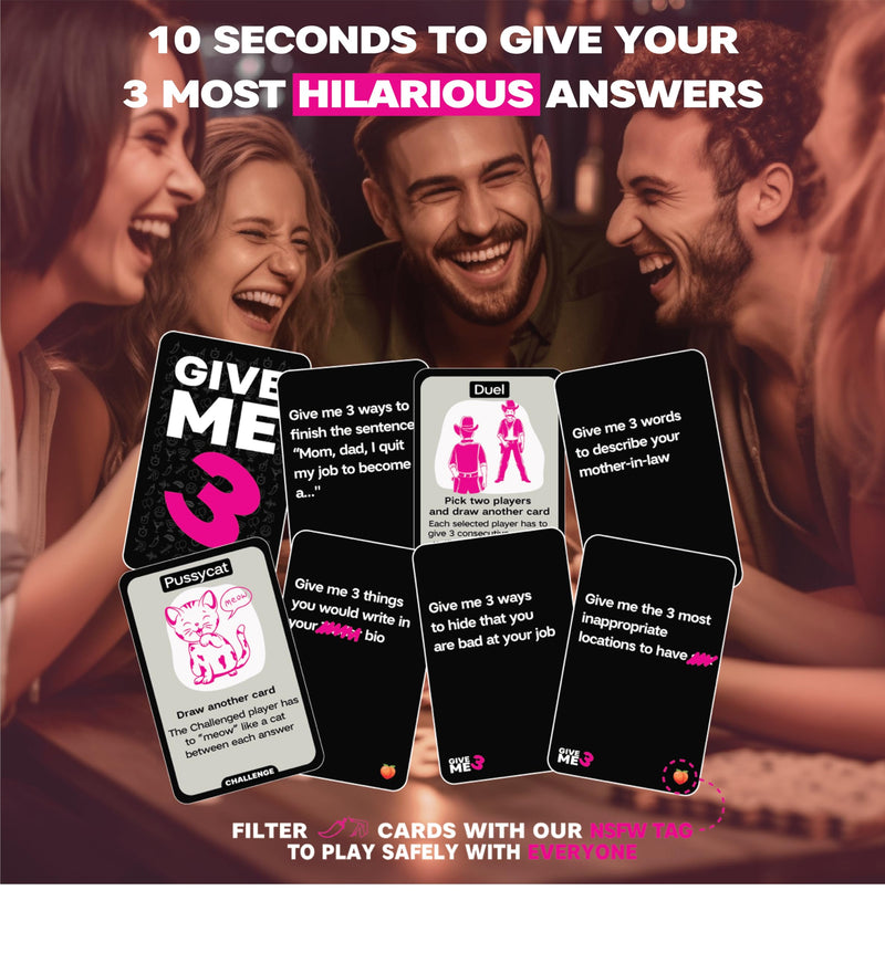 GIVE ME 3 - Fast Paced and Hilarious Adult Party Games | 2+ players | 10 Second Rule Games for Adults | Card Game for Adults