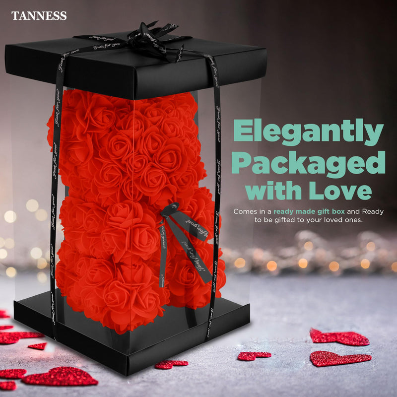 Tanness 25cm Rose Bear with Transparent Gift Box & Black Ribbon | Rose Petals Teddy Bear Presents for Women | Artificial Flowers Rose Bear Valentine Gifts, Gifts for Women (Red)