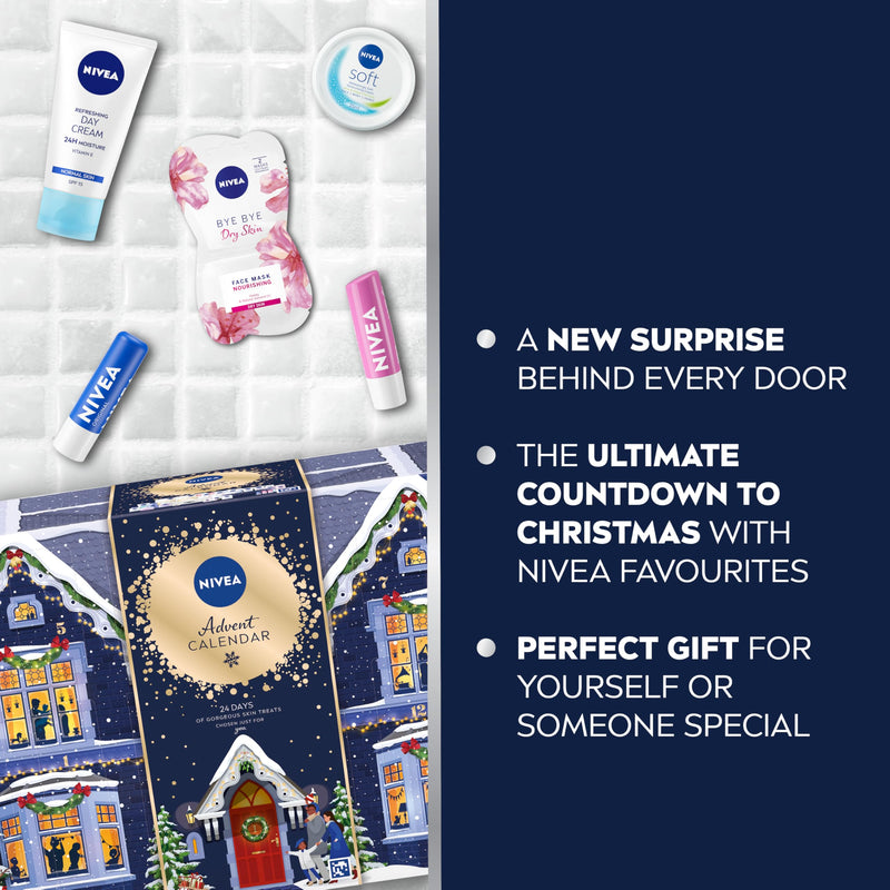 NIVEA Advent Calendar 2024, Women's Gift Set Includes Moisturiser, Face Masks, Lip Balms, Body Cream, Shower Gel, Anti-Perspirant, and More, Complete Skincare Set - Gift Guide